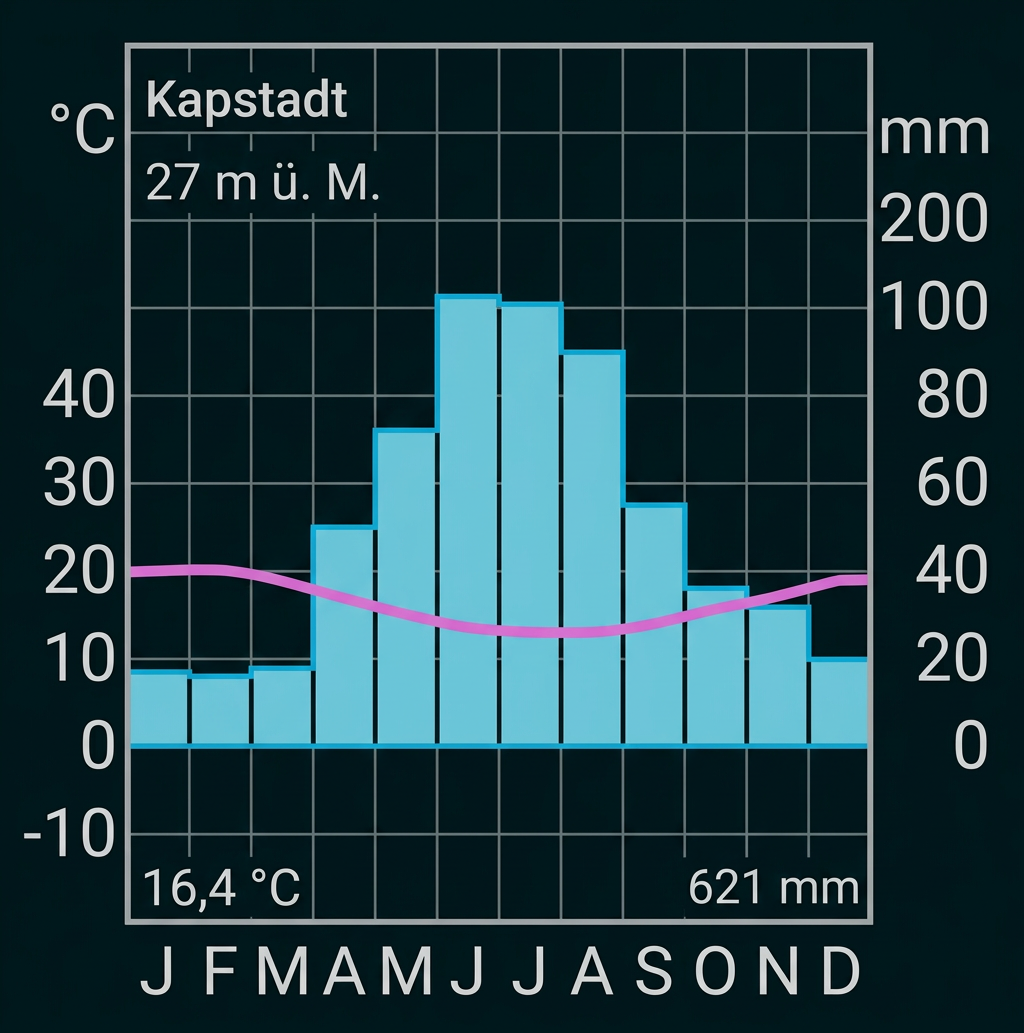 Klimadiagramm von Kapstadt mit Temperaturverlauf und Niederschlagsmengen.